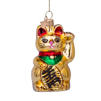 Vondels glazen kerstbal lucky cat 9cm goud 