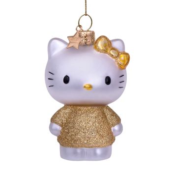 Vondels glazen kerstbal Hello Kitty gouden jurk 9cm wit 