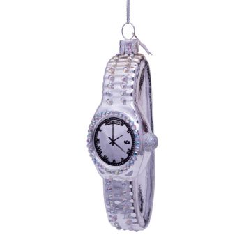 Vondels glazen kerstbal horloge 11.5cm zilver 