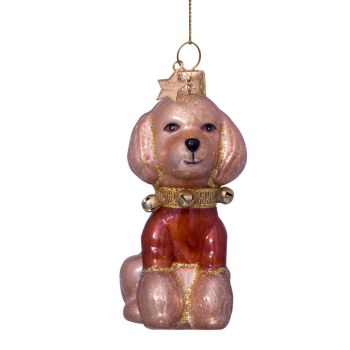 Vondels glazen kerstbal hond poedel met bruin t-shirt 10cm bruin 