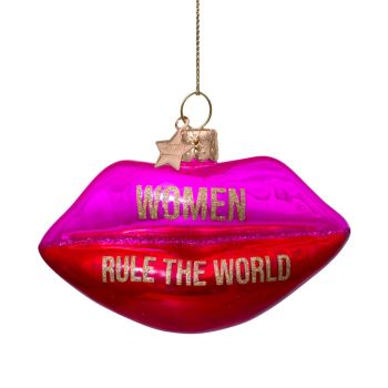 Vondels glazen kerstbal lippen 'woman rule the world' 9.5cm roze 