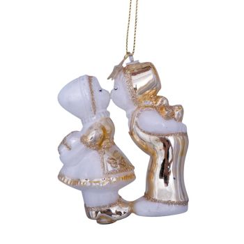 Vondels glazen kerstbal kussend jongen en meisje 8.5cm wit, goud 