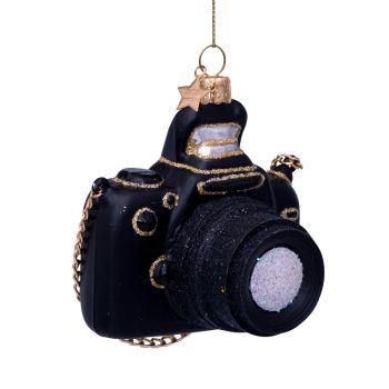 Vondels glazen kerstbal camera 9cm zwart 