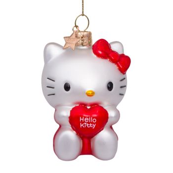 Vondels glazen kerstbal Hello Kitty rode jurk met hart 9cm wit 