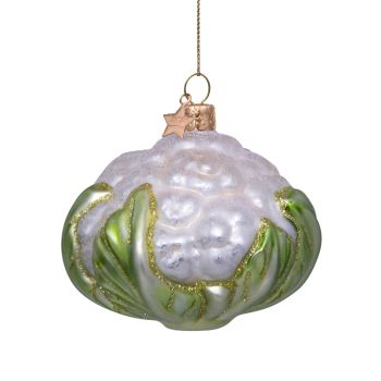 Vondels glazen kerstbal bloemkool 7.5cm wit, groen 