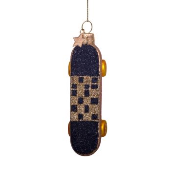 Vondels glazen kerstbal skateboard 9.5cm zwart, goud 