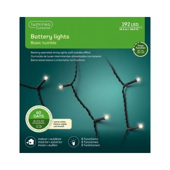 Lumineo Durawise basis twinkelende kerstboomverlichting op batterijen 192 LED warm wit 14,3 meter