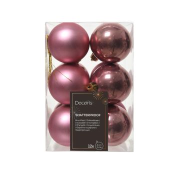 Decoris kunststof kerstbal 6cm velours roze 12 stuks