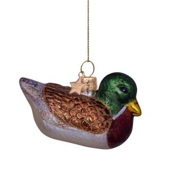 Vondels glazen kerstbal vogel eend 8.5cm groen, bruin 