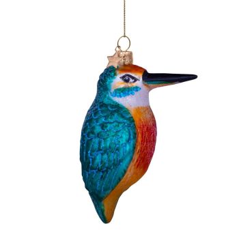 Vondels glazen kerstbal vogel ijsvogel 10cm blauw, oranje 