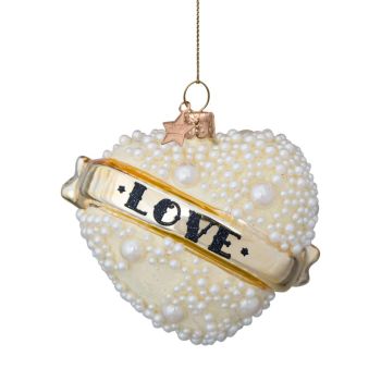 Vondels glazen kerstbal hart 'love' 9.5cm wit 