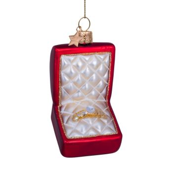 Vondels glazen kerstbal trouwring in doosje 9cm rood 