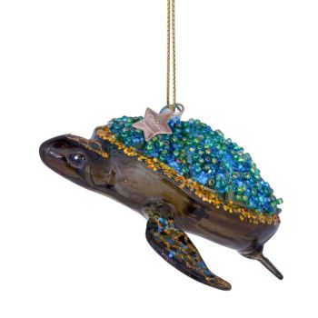 Vondels glazen kerstbal schildpad 7cm groen, blauw 