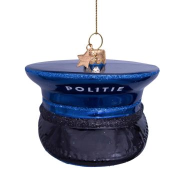 Vondels glazen kerstbal politiepet 8cm blauw 