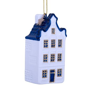 Vondels glazen kerstbal grachtenpand met halsgevel 9cm delfts blauw 