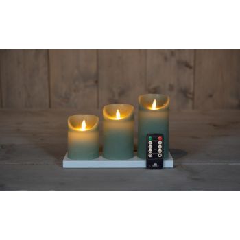 Anna's verzameling oplaadbare LED-kaarsen met vlam effect in rustieke stijl, inclusief oplaadstation set van 7,5 cm in jade groen, 3 stuks.