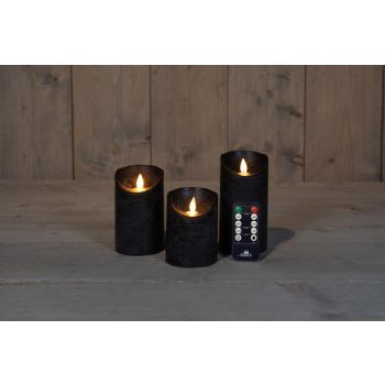 Anna's Collectie LED-kaars met vlam-effect, rustiek, set van 3 stuks, zwart, 7,5 cm.