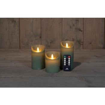 Anna's Collectie LED-kaars vlam effect rustiek set 7,5 cm jadegroen 3 stuks