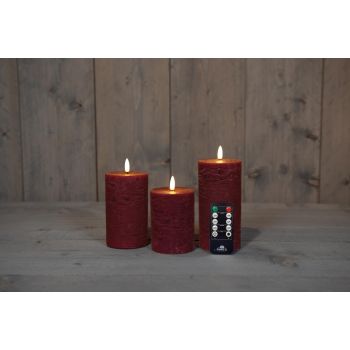 Anna's Collectie LED-kaars 3D-vlam rustiek set 7,5 cm bordeaux 3 stuks