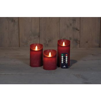 Anna's Collectie LED-kaars vlam effect rustiek set 7.5 cm bordeaux 3 stuks