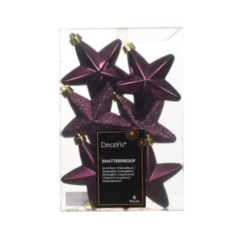 Decoris kunststof kerstbal ster 7,5cm donker mauve 6 stuks